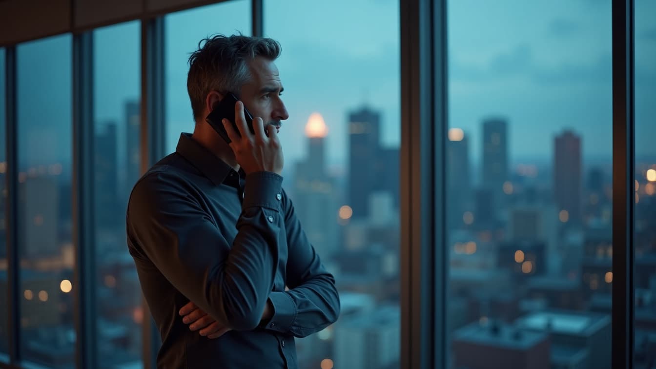 A businessman in a glass-walled office speaking on his phone, city skyline blurred behind him.