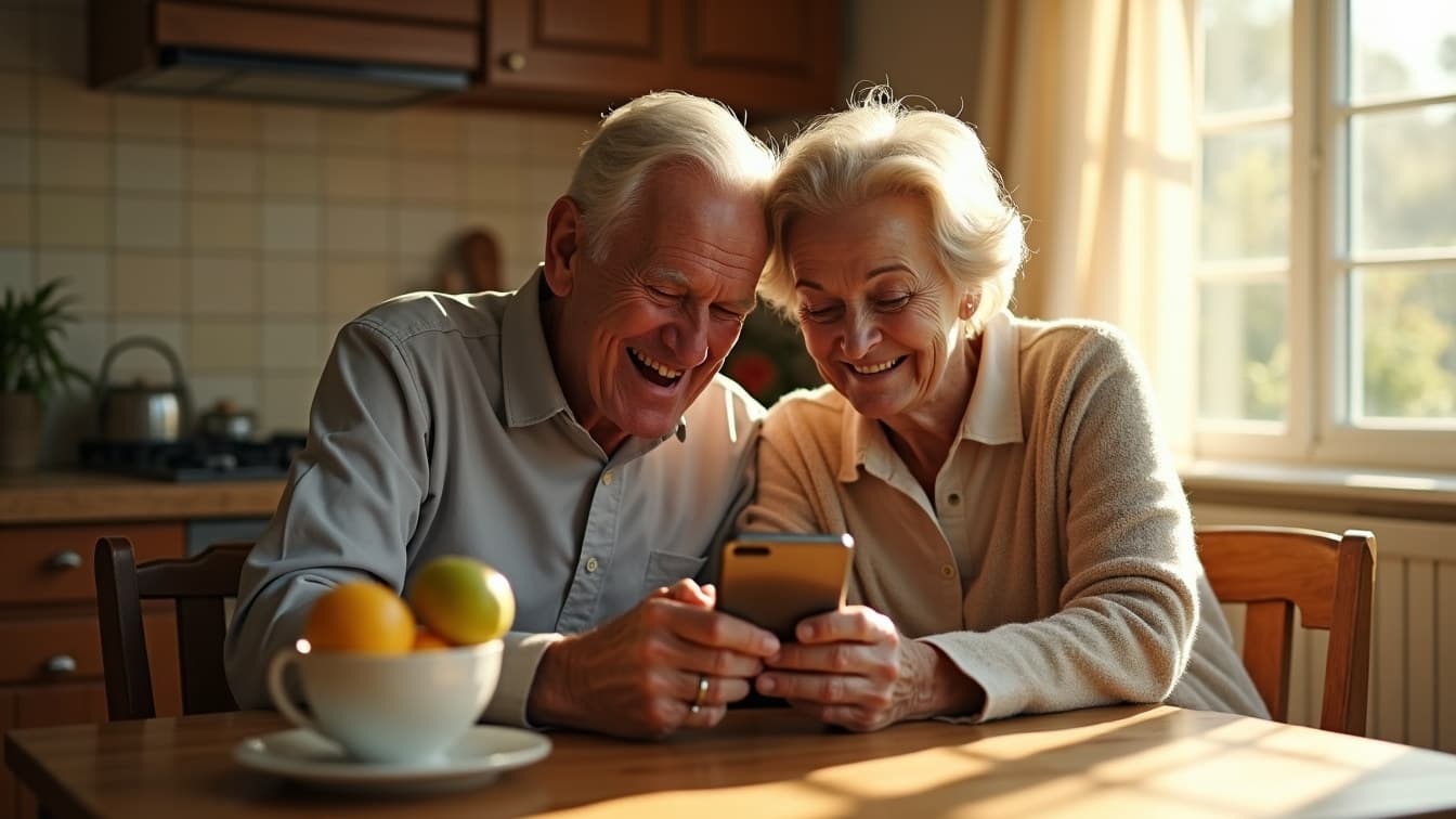 An older couple at a sunlit kitchen table, heads together, laughing at something on a phone they hold between them.