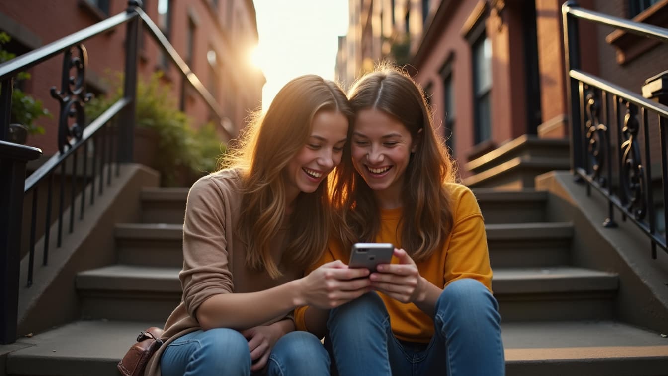 Two teenage girls sitting on a city stoop at golden hour, laughing over a shared phone screen.