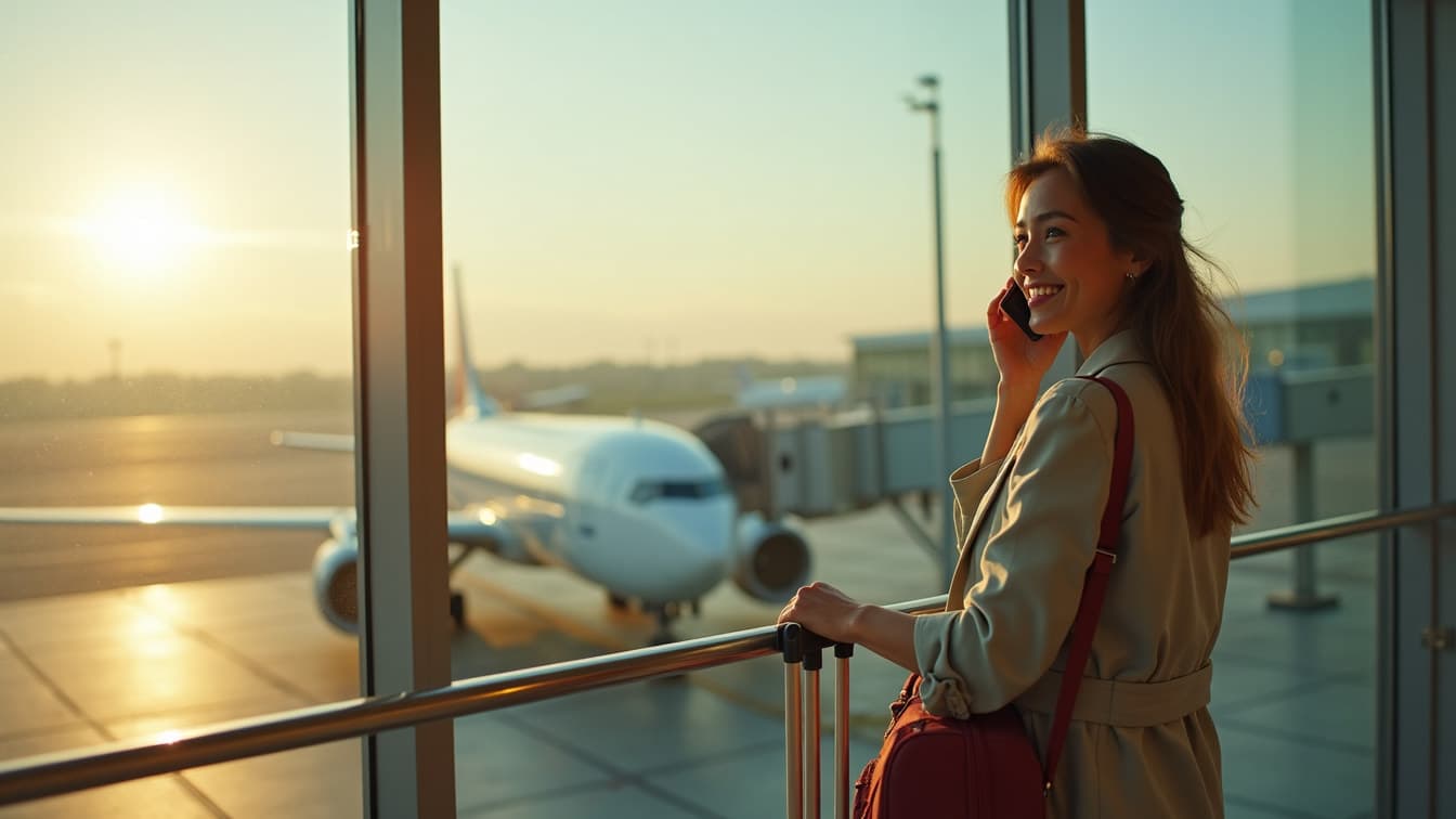 A traveler on an airy terminal walkway taking a call, suitcase beside her, wide daylight windows behind.